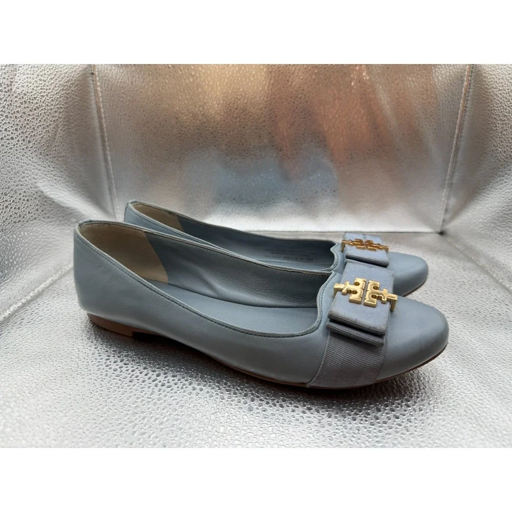 Size 6M Tory Burch Sedgewick Blue Womens Gold Logo Medallion Leather Ballet Flat